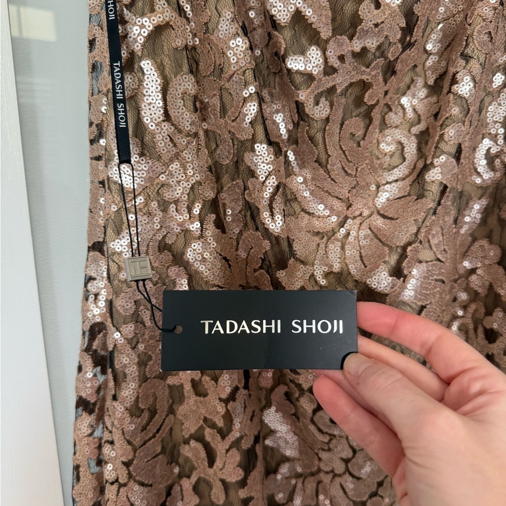 Tadashi Shoji Gold Sequin Off-the-Shoulder Gown - Picture 3 of 7